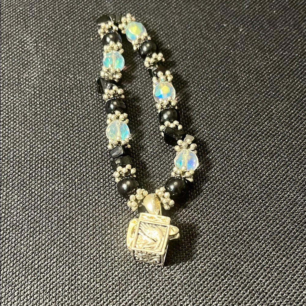 Elegant Black and Crystal Beaded Bracelet with prayer box that opens;stretchy